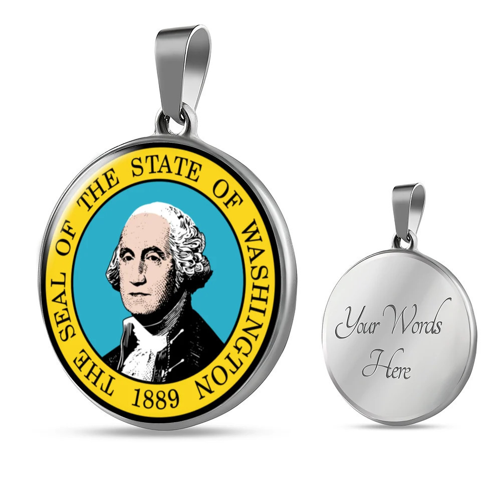 Washington State Seal Circle Pendant Necklace Stainless Steel 24 Inch Chain Sil
